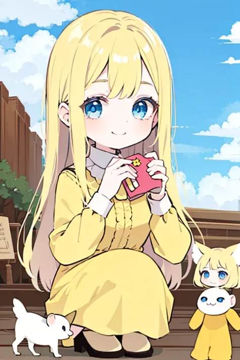  A blonde with long hair and sky-colored blue eyes,   yellow dress, up to your knees,  white skin, smiling directly at the spectators, Playing with the squatting dolls  