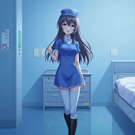 A Neko anime nurse in a blue latex dress and white pants black lacquer over the knee boots, with a hospital background and patient bed in treatment.  A beautiful girl with long hair and red lips in a blue room, in a photorealistic style.  soft light,  high...