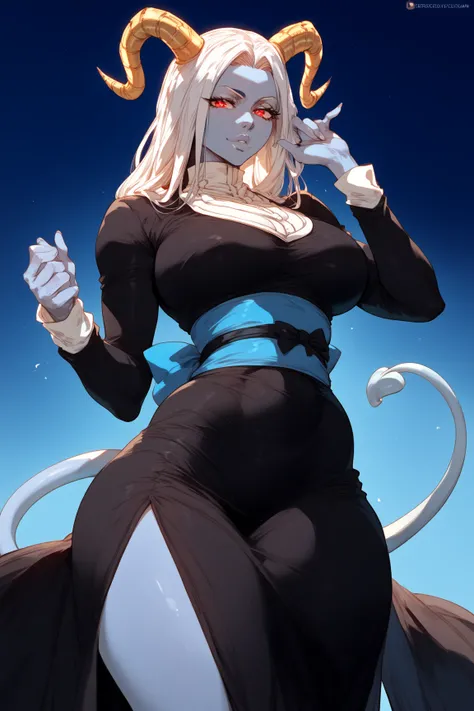 1  mstureWoman, blue skin ,white dreadlock ,horns,red eyes, Black  dress with golden details,blue giant tail,blue sash,anime style,Bleach Style 