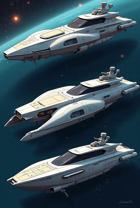 3 image of a space fishing ship luxury drawing, front, top, and side view. including the parts indicated in the image