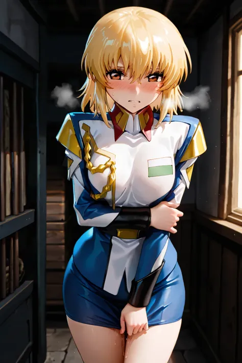 NSFW, Masterpiece, top quality, Hi-Res, very detailed, Kagari Yura Asha \( Mobile Suit Gundam SEED shooting a video\), brown eyes、 medium hair、 blonde hair,uniform, pencil skirt,Prostitute,Embarrassed,blush, love juice is dripping on the left at the end, r...