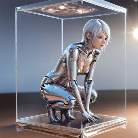 a detailed sculpture of a silver humanoid figure in a glass display case, intricate cybernetic entity, chrome art, glass cyborg, occult art, metallic reflections, hajime sorayama style, highly detailed, ultra-realistic, 8k, photorealistic, hyper detailed, ...