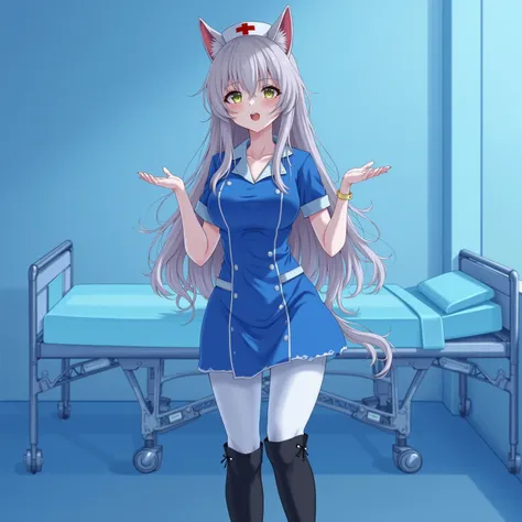 A Neko anime nurse with cat ears in a blue latex dress and white pants black lacquer over the knee boots, with a hospital background and patient bed in treatment.  A beautiful girl with long hair and red lips in a blue room, in a photorealistic style.  sof...