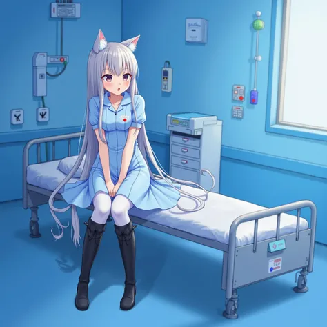 A Neko anime nurse with cat ears in a blue latex dress and white pants black lacquer over the knee boots, with a hospital background and patient bed in treatment.  A beautiful girl with long hair and red lips in a blue room, in a photorealistic style.  sof...