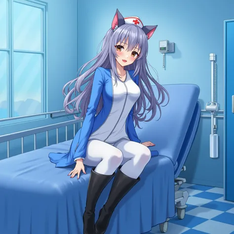 A Neko anime nurse with cat ears in a blue latex dress and white pants black lacquer over the knee boots, with a hospital background and patient bed in treatment.  A beautiful girl with long hair and red lips in a blue room, in a photorealistic style.  sof...