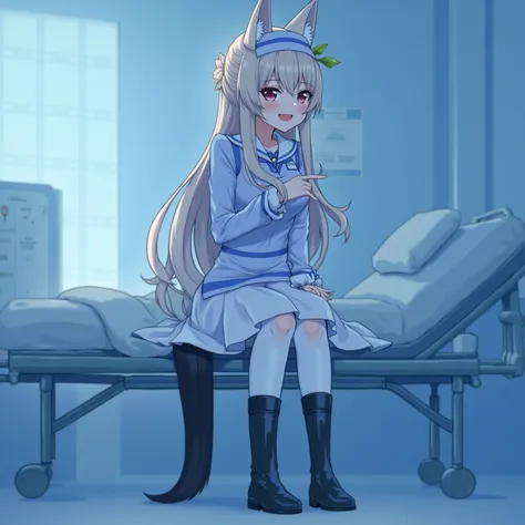 A Neko anime nurse with cat ears in a blue latex dress and white pants black lacquer over the knee boots, with a hospital background and patient bed in treatment.  A beautiful girl with long hair and red lips in a blue room, in a photorealistic style.  sof...