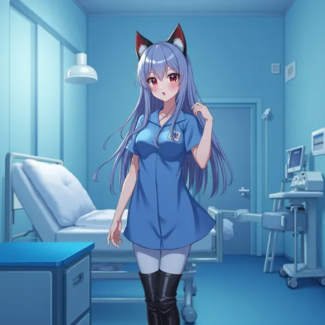 A Neko anime nurse with cat ears in a blue latex dress and white pants black lacquer over the knee boots, with a hospital background and patient bed in treatment.  A beautiful girl with long hair and red lips in a blue room, in a photorealistic style.  sof...