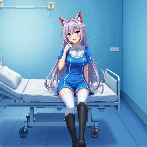 A Neko anime nurse with cat ears in a blue latex dress and white pants black lacquer over the knee boots, with a hospital background and patient bed in treatment.  A beautiful girl with long hair and red lips in a blue room, in a photorealistic style.  sof...