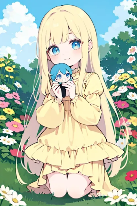   A blonde with long hair and eyes as blue as the sky,    yellow dress, flowery up to the knees ,    white skin, smiling directly at the spectators, Playing with the squatting dolls   