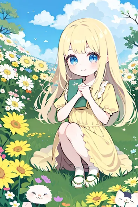   A blonde with long hair and eyes as blue as the sky,    yellow dress, flowery up to the knees ,    white skin, smiling directly at the spectators, Playing with the squatting dolls   