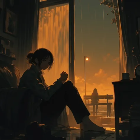 Main Scene

A quiet room: A living room or bedroom with warm lighting but an empty feeling
A rainy window: Reflects a sense of loneliness and waiting
A bench by the sea/park: An empty place as if someone has sat next to it before
Main Character

A man or w...