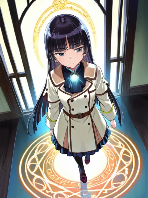  1girl , Alone, ruri gokou, hime cut,  long hair, mole,white coat
 BREAK
Isekai Mado Institute。 The Spellbook Floating in the Air whispers spells 、 and the shining magic circle is engraved on the floor 。 researchers have adjusted a huge energy crystal、 The...