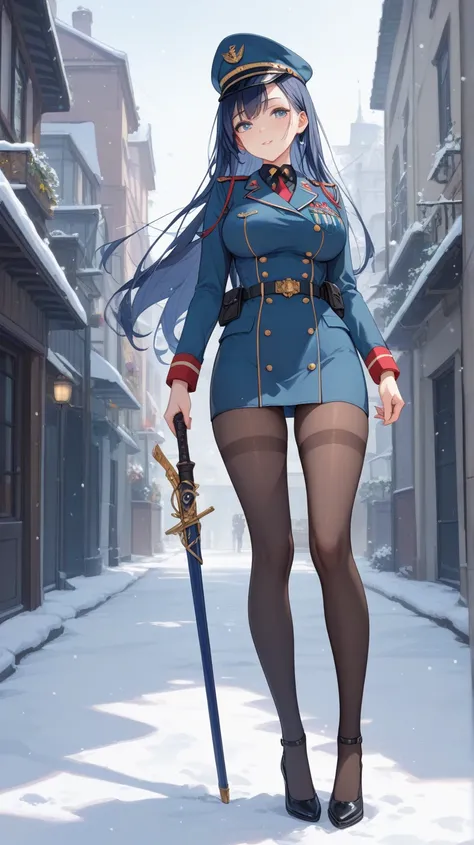 Big Breasts、 Height、Leg length、 and the body is thin 、The legs are slender 、 navy colored military uniform、 Dark Blue Army Uniform、The dark blue military hat 、 DARK BLUE HAIR 、 Navy Pointed Eyes 、 long navy hair、 and the body is thin 、Leg length、Background...