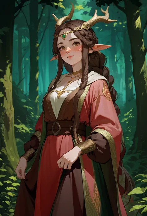 masterpiece, (best quality), detailed artstyle, perfect face, (expressive eyes), best details, absurdres, (fulbody) (fantasy, middle ages), anime woman forest witch, wicca (celtic), elf ears, (freckles), wavy light-brown hair tied with a very long braid. o...