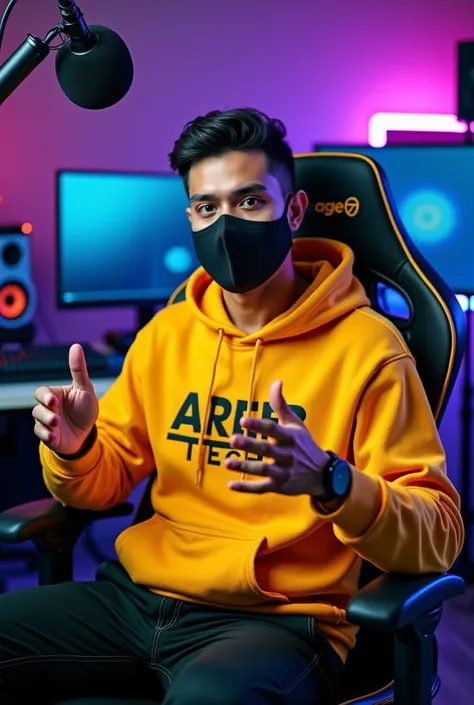 An Indian man sitting confidently on a
modern gaming chair in his YouTube studio. He is wearing a bright yellow hoodie with AREEB TECH boldly printed on it. His face is clearly visible and expressive despite wearing a sleek black covID-17 mask. The man is ...