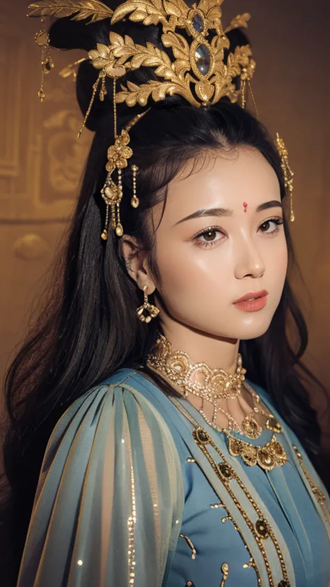 Masterpiece, best quality, 1 woman, alone, ((adult))，(big breasts)， long hair，Micro gold，be happy, looking at the audience, Dunhuang Mogao Cave, (background)，(precise、perfect appearance:1.3)，ultra high definition，Ray tracing,，glare， correct structure，won，H...