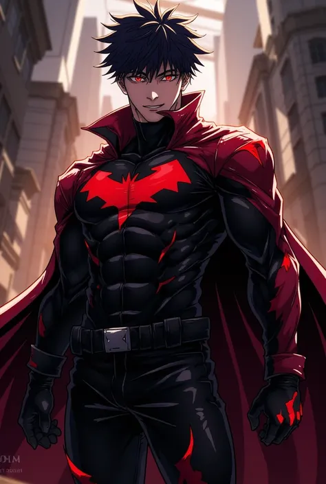 Man, black hair, spiky hair, red eyes, superhero, superhero costume with red and black bosses,black cape, charismatic 