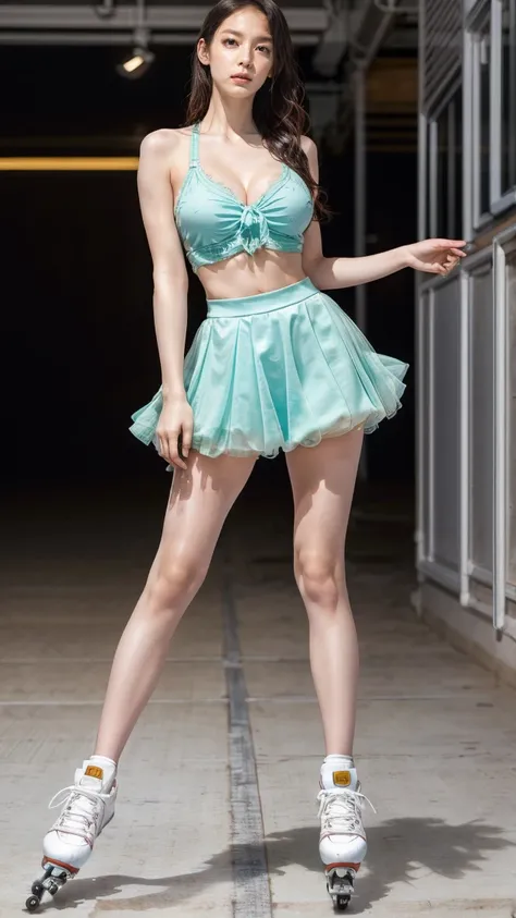 (8k, best quality:1.3), (extremely detailed:1.2), perfect anatomy, beautiful Japanese woman, 18 years old, healthy thighs, beautiful legs, beautiful skin, random hair color, random hairstyle, large breasts, (she is standing:1.2), female figure skater, figu...