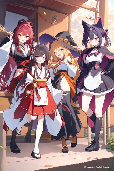 Kuromi Celica、Kuromi Serika 、Game『 blue archive』 characters、 white high knee socks、Cat ears、tail、Shrine maiden costume、chest、Sandals、bell、首bell、Shrine maiden costume、 Witch Uniform、和風Shrine maiden costume、 white high knee socks、