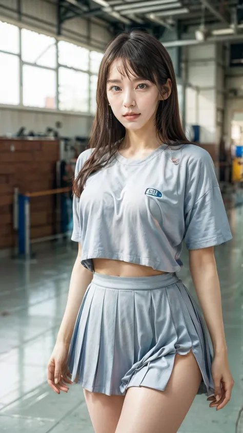 A beautiful young Japanese woman, 20 years old, with perfect anatomy, healthy thighs, beautiful feet, flawless skin, random hair color and style, large bust, (she is standing:1.2), wearing a cheerleader uniform with micro-pleated miniskirt, in a full body ...