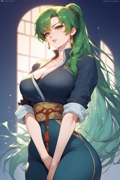 Lyn Fire emblem ,Woman, green hair, green eyes, black blouse tight to the body, blouse rolled up at the waist, anime style,long hair