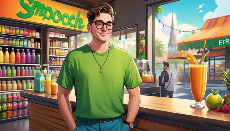 Mr. Fresch is a 30-year-old man with an alternative appearance and clothing. It has a youthful but sophisticated air. creates a photo of mr fresch where an idea has occurred to him. The background is their smoothie and natural juice store. cartoon drawing....