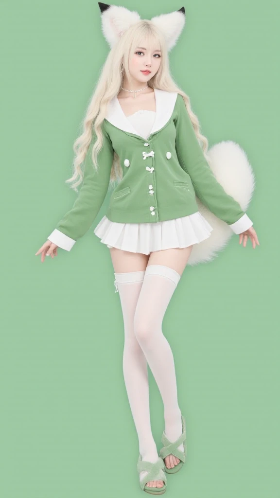 A sexy woman with a soft, ethereal appearance is dressed in a green and white outfit, styled in a cute and anime-inspired fashion. She has long, wavy, platinum-blonde hair that cascades down her shoulders and back, with fluffy, white fox-like ears protrudi...