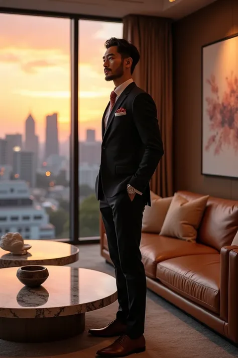 A refreshing-looking 35-year-old Japanese man stands in a luxurious modern apartment with floor-to-ceiling windows overlooking the vibrant city skyline at sunset, wearing an elegant tailored suit with a silk pocket square, a luxury watch visible on his wri...