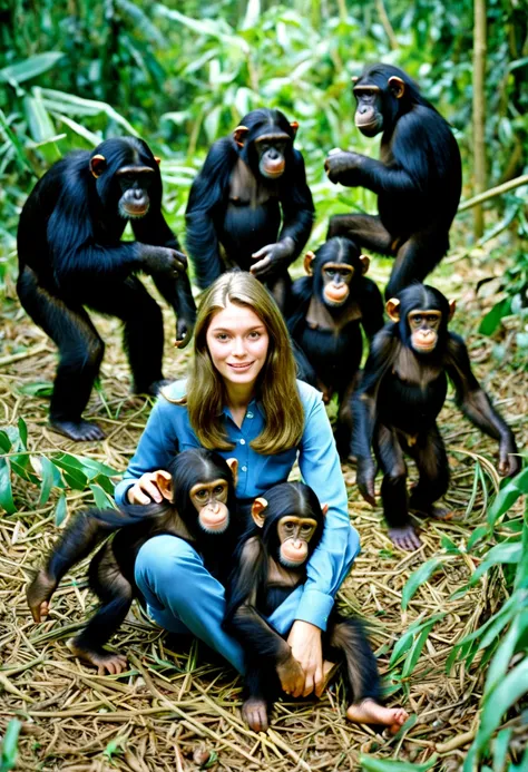  Young Jane Godall surrounded by chimpanzees 