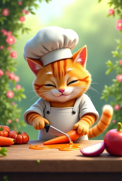 A cute chef cat cutting carrots and onions with chef's dressing in a peaceful greenery environment 