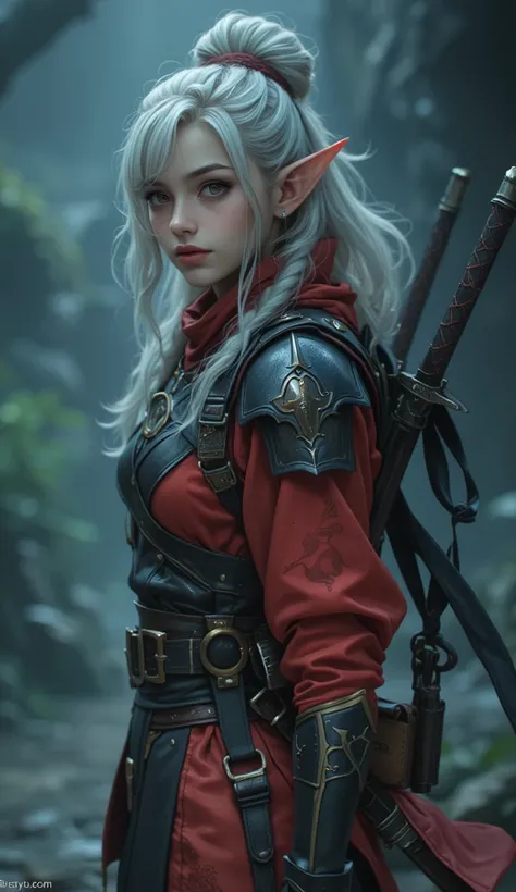 Female Elf Ninja、 with silver hair tied together at a high position、Ninja costume that looks like a red kimono 、Ninja armor、Carrying two ninja swords on his back、Brave Face 、 Astonishing Eye、 dark eyes、 Elf Ears、The background is a dungeon called Abyss、 fu...