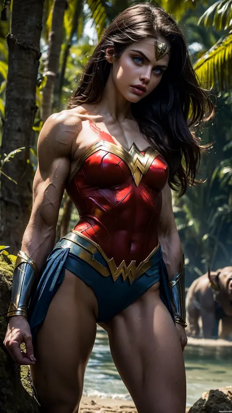 Alexandra Daddario as Wonder Woman, (masterpiece, best quality), shredded six pack, abs, abs with veins, athletic body, muscles, veins, bicep veins, intricate details, highly detailed, 8k, artstation, wallpaper, official art, splash art, sharp focus,, 1gir...