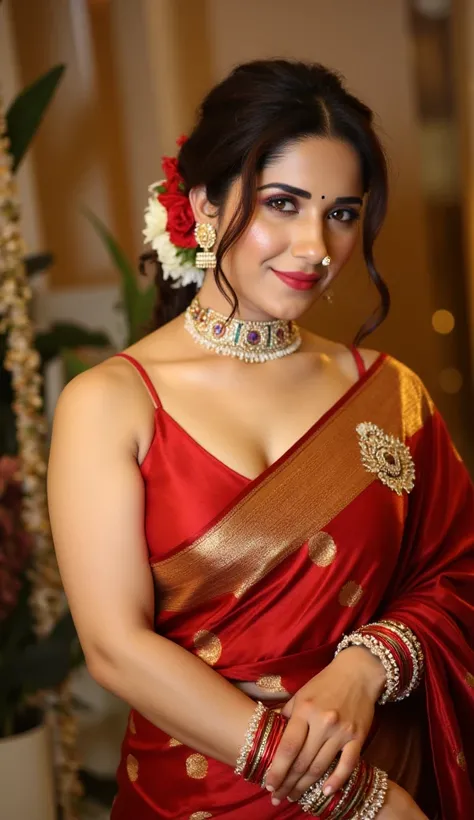 
"A gorgeous Bengali bride blending tradition with modern elegance. She wears a stylish red and gold Banarasi saree draped in a contemporary way, paired with a designer blouse featuring intricate embroidery. Her jewelry includes a sleek maang tikka, delica...