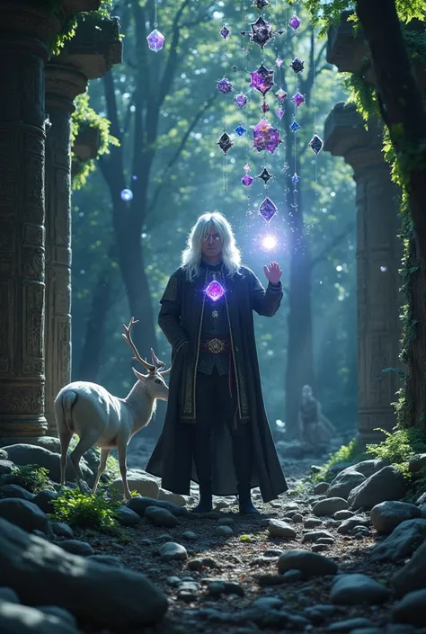 Fantasy digital art of Aeon, a mystical Guide with glowing silver eyes and floating silver-white hair, standing in an enchanted forest. He wears a star-embroidered cloak and commands glowing geometric crystal shards. A black teardrop amulet with violet lig...