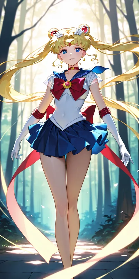 Masterpiece, elegant mature woman, sailor moon\(sailor moon\), parted lips, smile, tall body, sailor senshi uniform, dynamic lighting, ultra detailed, highres, absurdres, deep forest, sailor moon\(sailor moon\) style, stunning visual cg, looking at viewer,...