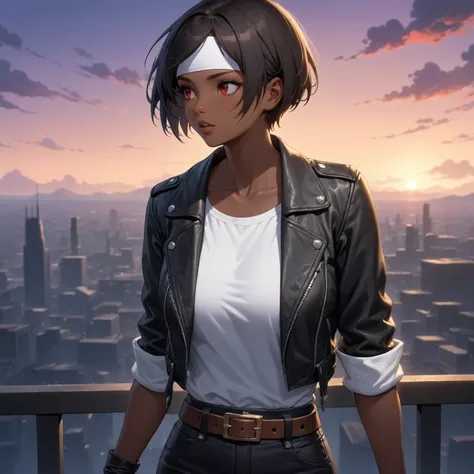 Masterpiece,Top Quality,Details XL, 1girl, solo, oblique, looking up, twilight sky, clouds, black hair, short cut, red eyes, parted lips, brown skin, medium chest, ((black leather jacket with rolled up sleeves)), open jacket, black fingerless gloves, white...