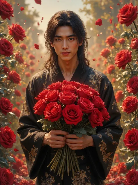 1Korean-looking man with long black swimming hair without bangs  ,  has maroon eyes in her hands, in a black kimono with gold patterns  ,  stands in the middle of a rose garden  , a maze of roses ,  petals fly around  ,  beautiful detailed face  ,  smiles,...
