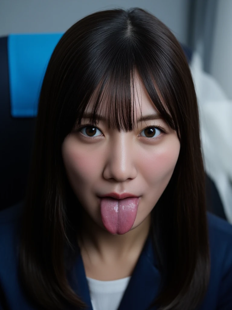  image according to the rules below , Japanese  woman with black hair, Her age is 25,  cabin attendant sitting on a chair on an airplane,  she sticks out her tongue sloppily ,  is arguing, dripping from her hair ,  dripping from her nose to her tongue, 
fa...