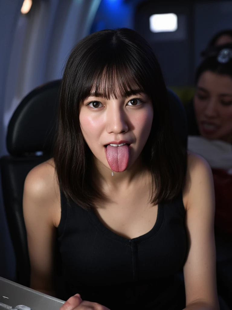  image according to the rules below , Japanese  woman with black hair, Her age is 25,  cabin attendant sitting on a chair on an airplane,  she sticks out her tongue sloppily ,  is arguing, dripping from her hair ,  dripping from her nose to her tongue, 
fa...