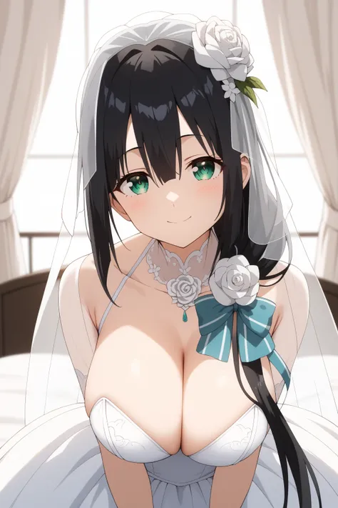 masterpiece,best quality,{{detailed beautiful face and eyes}}, very detailed background,
Tougou Mimori,{{{megami magazine}}},long hair,black hair,hair over shoulder,hair ribbon,light green ribbon,bangs,hair between eyes,green eyes,large breasts,
1girl,hair...