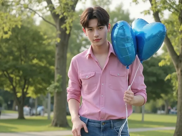 (RAW Image: 1.2), (Photorealistic: 1.4) 1man, full body, very detailed, young man in pink shirt, jeans, standing holding balloons in a park, Valentine's Day event, shiny blue heart-shaped balloons, sunny day