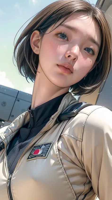  photorealistic,RAW,  super real, best image quality,( anatomically correct:1.3), ( one Japanese woman),( Details),( detailed hands), long, slender eyes, Neutral Face , long lashes,light makeup,(nervous, Rugged Expression), short hair, slim body, (air forc...