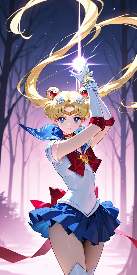 Masterpiece, elegant mature woman, sailor moon\(sailor moon\), parted lips, smile, tall body, sailor senshi uniform (sailor senshi uniform blue skirt, sailor senshi uniform gauntlet, sailor senshi uniform white high boots), dynamic lighting, ultra detailed...