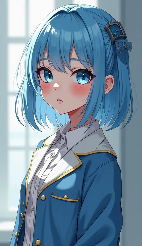 A girl (appearance:  Light blue hair,  ojos azules, pale skin,  freckles on the face, 1,60m,  ) ( Apparel: Expensive Clothing) ( full body view)  illustration, Anime 4k,  Precise,  super detailed ,  high details,  high definition, Chiaroscuro 