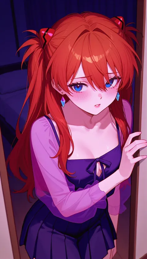 masterpiece), (portrait), small breasts (aesthetics), ((1 female 21 years old)), Highlight earrings), ((long hair, inside the room, voluminous pigtails)), ((crystal red hair)), ((Asuka Soryu Langley)) straight hair, thin eyes open, look of an insecure, nee...