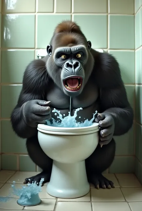 The gorilla is stuck in the toilet and only her head is sticking out of the toilet 