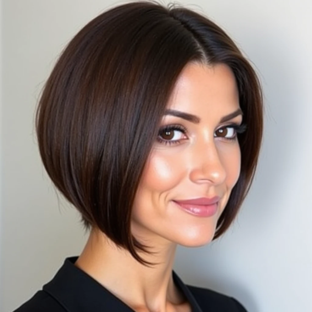 A professional-looking woman with a sleek and symmetrical short bob haircut. The hair is deep brown and cut sharply, following a diagonal contour from the temples to the back of the head. The sides are shorter, ending at the level of the temples, and gradu...