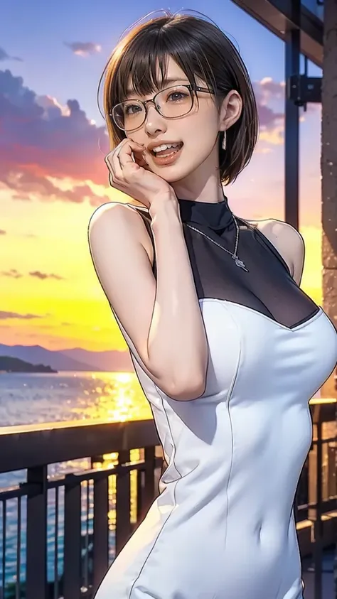  best image quality, super real,RAW, anatomically correct,8k, 1 girl,Age 25, beauty, long lashes,Glasses、 professional makeup techniques, Olchan Makeup ,White, beautiful skin, black berry shorthair,( open your mouth and laugh:1.4), slim body,(( big breasts...