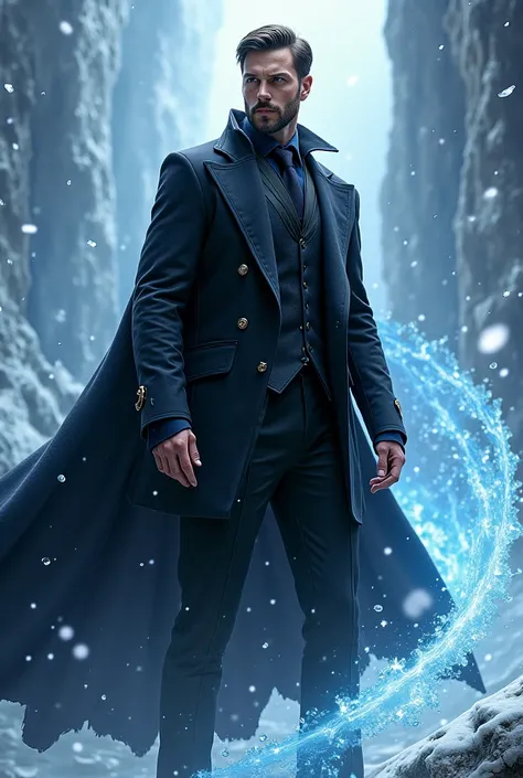   A handsome wizard with a short beard who wears a black robe and a black suit with a dark gray tie on the bottom , Use ice magic in a fight 