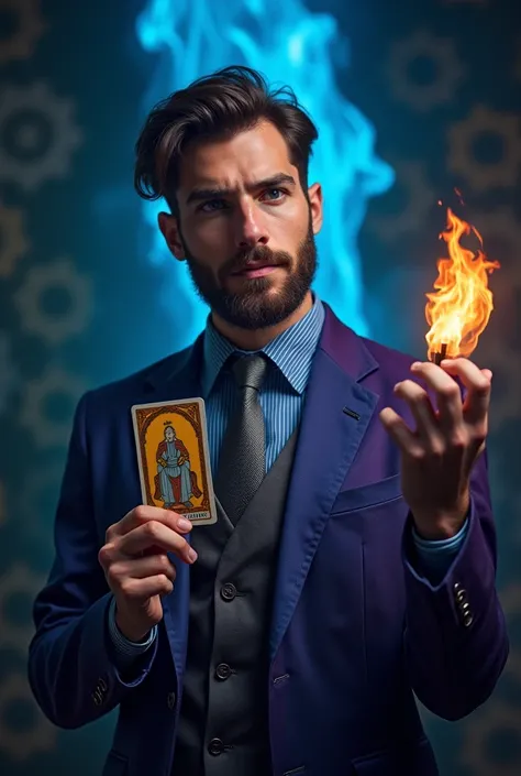  Young man with a beard who reads the tarot , arrested,  waiting with interest, holding a tarot card in his right hand. He wears a blue and purple suit with a gray tie
There's a fiery blue flame behind him.
